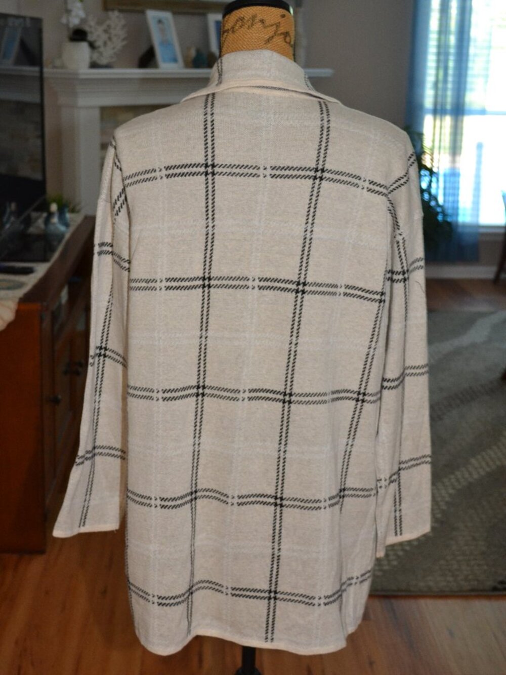 LOFT New Windowpane plaid sweater jacket blazer Cream/black Cotton cardigan L - Picture 4 of 10